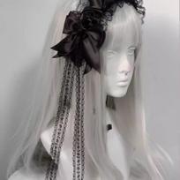 1PC Korean girl Lolita lace butterfly top hat headband dark rose bead headgear elegant veil hair accessories