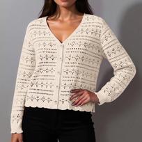 Women's Loose V-neck Hollow Out Versatile Knitted Long Sleeved Cardigan Top One Size smėlis