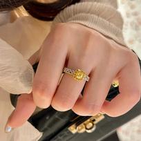 Yellow Diamond Sugar Cube Ring, Female High-End Light Luxury Zircon Plant System, Opening Adjustable Diamond Ring opening adjustable