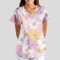 Women's Floral Print Loose V-neck Short-sleeved Uniform/ Uniform L karšta rožinė spalva