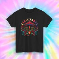Psychedelic Frog Mushroom Shirt | Trippy Moon Phases Graphic Tee | Nature Lover L