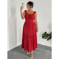 Summer Red White Polka Dot Spaghetti Strap Dress Ruffle Square Neck Tie Waist Swing Vacation Long Dress Elegant Fashion Comfortable Dress 1XL