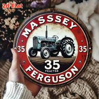 D Flat Vintage Massey Ferguson  Tractor Distressed Red  White Logo Retro Round Metal Tin Sign  Farm Agriculture Themed Wa 20x20cm(8x8inch)