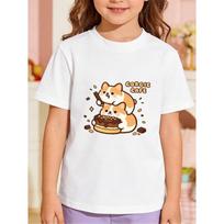 European sizes Girls' Summer Corgi Chocolate Cake T-Shirt, Kids' Short Sleeve Round Neck Top, Skin-Friendly Lightweight Breathable 110 balta