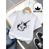 European sizes Boys' T-shirt Electric Guitar Splash Design Pattern,  Ideal for Outdoor Activities, Soft Knitted Top, Comfortable And Breathable 110 balta