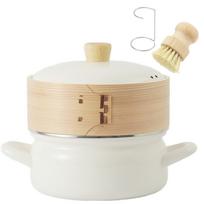Fuji Enamelware 18cm Enamel Pot with Steamer Basket and Silicone Mesh Stove Steamer Enamel Pot 1 Sheet, IH/Gas Compatible, Double-Handled Pot, Basket, balta