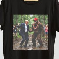 Donald Trump Dancing with Bigfoot Shirt – Funny Sasquatch Parody Tee – Mud Dance Forest Meme. S