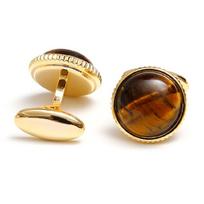 Copper and Tigers Eye Gemstones Compatible Round Gold Cufflinks for Various Shirts Men's Fashion Accessory