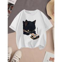 European sizes children's Black Cat & Sushi Kawaii T-Shirt / Cute Anime Sushi Roll & Cat Print / Soft Stretch Round Neck Summer Top / Casual Theme 110 balta
