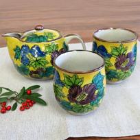 Waza no Kura Stylish Pair Teacups and Teapot Kutani Yoshidaya Fuyo Ceramic Made in Perfect Gift for or 88th Birthday Set, Ware, Design, High-End geltona