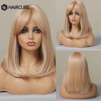 HAIRCUBE Trumpi tiesūs sintetiniai perukai su kirpčiukais moterims Ombre Brown Blonde Kasdienio naudojimo vakarėliui atsparūs karščiui natūralūs perukai LC046-1