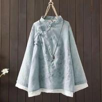 Women's Vintage Loose Fit Patchwork Embroidered Button Collar Chinese Tea Dress With Round Neckline In Cotton Linen L mėlyna