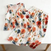 Toddler Girls Fashion Sleeveless 3D Flower Wide Leg Pants Set Casual Summer Two Piece Outfit For Little Kids 100cm