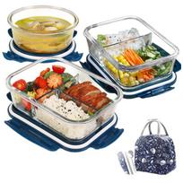 Heat-Resistant Glass Food Storage Containers, Microwave-Safe Lunch Boxes, Bento Boxes with 650ml + 880ml + 3x1000ml Compartments, Includes Utensils