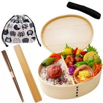 pattern drawstring Bentwood lunch box willow Chopsticks Drawstring bag Care guide Bento box set bentwood lunch box [Maneki-neko (beckoning cat) bag]