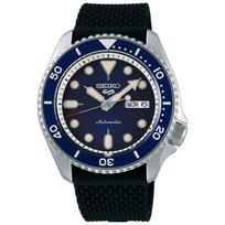 SEIKO SRPD93 wristwatch mens - 5 Sports automatic movement blue sunray dial bezel stainless steel case black silicone strap day date display.