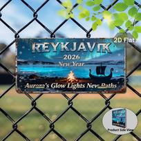 D Flatpc Vintage Reykjavik New Year SignIcelandic Norse ShipAurora Borealis Night Sky DesignHeavyDuty Aluminum Metal 15x30cm(5.9x7.8inch)