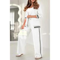 Pant Sets Women Wide Leg Pants Two Piece Set Button Coats Matching Sets Patchwork High Waist Elegant Trousers Pockets Sporty XXXL balta
