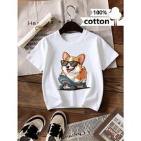 European sizes Boys T-Shirt, Cool Corgi Skateboard Dog, Little Boys T-Shirt Soft And Comfortable Everyday Top 110 balta