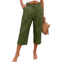 Women's Color Casual Fashion Breathable Loose Cotton Linen Seven Quarter Pants L armijos žalia spalva