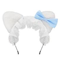 Halloween Role Play Animal Ear Headpiece With Furry Fabric Lace Bowknot For All Day Use Photo Props mėlyna/balta