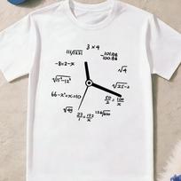 Children Crew Neck Short Sleeve T-Shirt with Math Formula Clock Print 110 balta