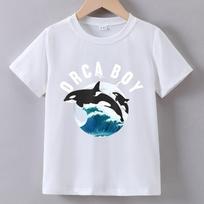 Kids Crew Neck Short Sleeve T-Shirt with Orca Whale & ORCA BOY Letter Print 110 balta