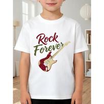 Forever Rock  Guitar Print T-Shirt Retro Music Style Short-Sleeved Top 110 balta