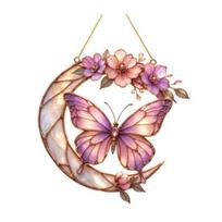 Yousheng Moon Butterfly Flowers Acrylic Suncatcher Stained Glass Style Pink Window Hanging Decoration for Indoor Outdoor Garden Home