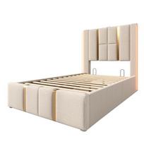 Platform Bed 90/140/160x200CM Double with USB Type-C Charging Station APP Control LED Slatted Frame Wooden Storage Space Modern Beige Linen S