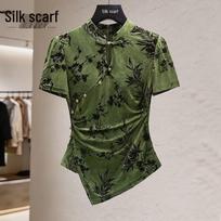 Women's New Chinese Style Jacquard Stand-up Collar Top L žalia