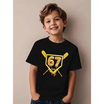European sizes Kids' 67 Number Print Baseball Bat & Drip Graphic T-Shirt - Casual Short Sleeve Round Neck Summer Top for &, H-Line Fit 110 juoda