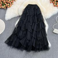 WTEMPO Spring Summer Solid Mesh Tutu Cake Skirts Women Casual Loose Fairy Mid-length Elastic High Waist A-line Gauze Skirts One Size juoda