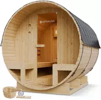 Juskys Barrel pirtis Spitzbergen 220 cm natūrali/antracito spalvos su dviem suolais ir 8 kW pirties krosnele