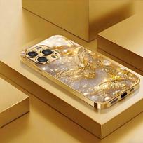 Auksinis drugelio raštas Auksiniai metaliniai dažai Stiklinis telefono dėklas iPhone 17 Pro Max 11 12 13 14 15 16 Plus 17 Air 16E iPhone 14 Pro