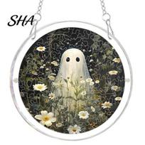 Transparent Halloween Wall Decor Acrylic Suncatcher Jigsaw Puzzle Set, Spooky Ghost Floral Meadow Window Hanging Ornament with Metal Cheerful Frame & B