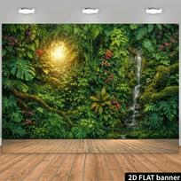 top spotlights illuminate the background cloth featuring lush tropical rainforest plants ferns and moss-covered stone paths. 47.2x31.5inch/120*80cm