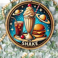 D Metal Sign The Shake Vintage Retro Burger Milkshake Soda Galaxy Space Food Tin Wall Art for Home Cafe Bar Diner Decor Gift 20x20cm(8x8inch)