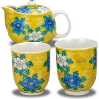 Waza no Kura Stylish Pair Teacups and Teapot Kutani Yoshidaya Peony Ceramic Made in Perfect Gift for or 88th Birthday Set, Ware, Design, High-End geltona