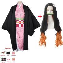 Anime Demon Slayer Kimetsu no Yaiba Cosplay Kostiumas Karštas Nezuko Kamado Kimono Uniforma Helovino Drabužiai L-(Full set+wig)