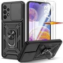 Case and Tempered Glass - for Samsung Galaxy A23 5G - Black - Shockproof - Sliding Camera Cover juoda