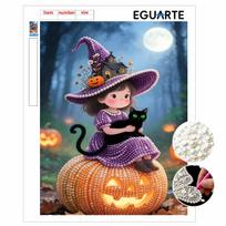Pearl Painting DIY Kit Frameless Halloween Witch Black Cat Pumpkin Pattern Shiny Bead Art Canvas Creative Wall Decor Gift 30x40cm