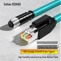 Industrial M12 Female to RJ45 Cat 6a High-Flex Ethernet Cable tamsiai žalia spalva
