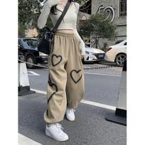 Drawstring Sweatpants Heart Printing Women Loose Korean Lazy Wind Casual Trousers Plus Size XS chaki