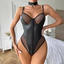 De Namour Lingerie by Shots Faux Leather Mesh Sculpting Bodysuit with Collar S/M Black