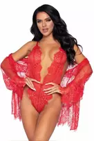 LEG AVENUE Leg Avenue Set Body & Kimono Eyelash Lace RedAdjustable Straps