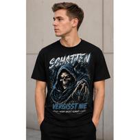 Men's black short-sleeve crew neck t-shirt with grim reaper graphic, soft cotton feel, edgy streetwear style for casual daily wear S juoda