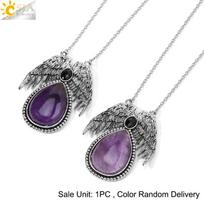 Fashion Natural Gemstone Healing Crystal Water Charm Drop Angel Wing Pendant Stone Quartz Necklace for Men Women H836 ametistas