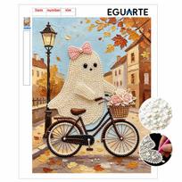 Frameless Pearl Bead Painting Kit Cute Ghost Cycling Fall Street Design DIY Handmade Craft Canvas for Home Wall Decor Gift 30x40cm