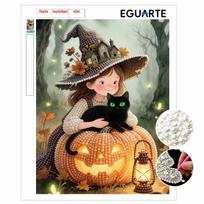 Pearl Painting DIY Kit Frameless Witch Cat Pumpkin Pattern Shiny Bead Art Canvas Creative Wall Decor Gift for Autumn Holiday 30x40cm